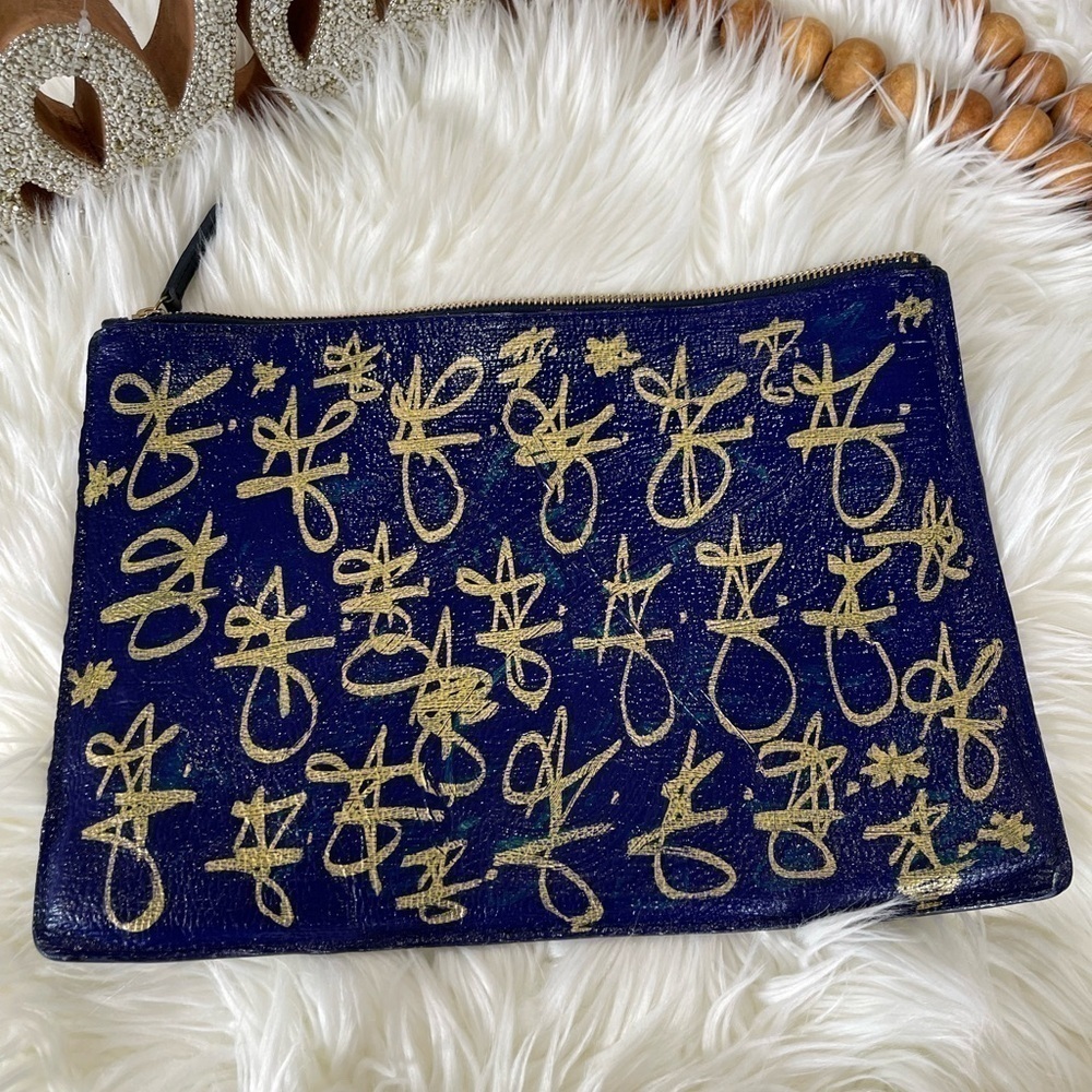 Mark & Graham blue leather zip top pouch mono